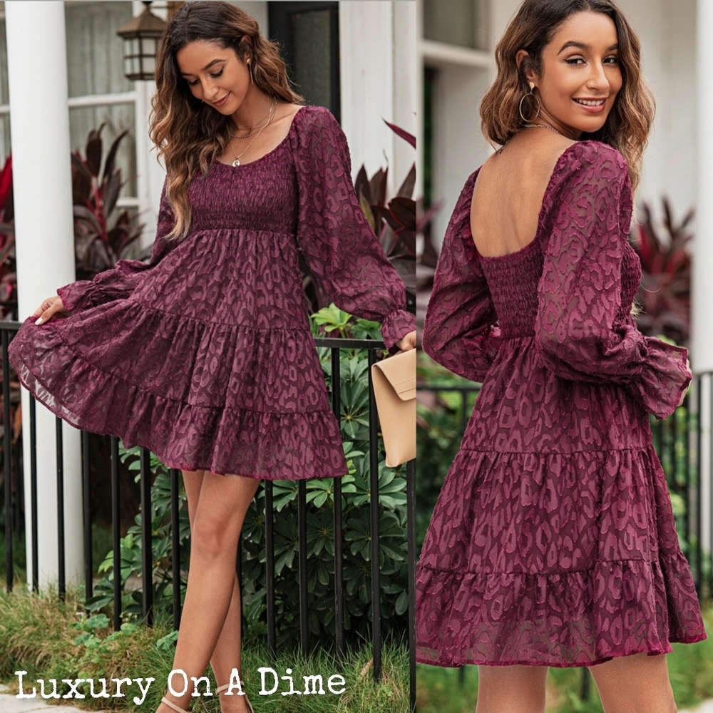 Leopard Print Dess Tiered Sheer Long Sleeve Babydoll Mini Playful Outfit - Picture 3 of 11